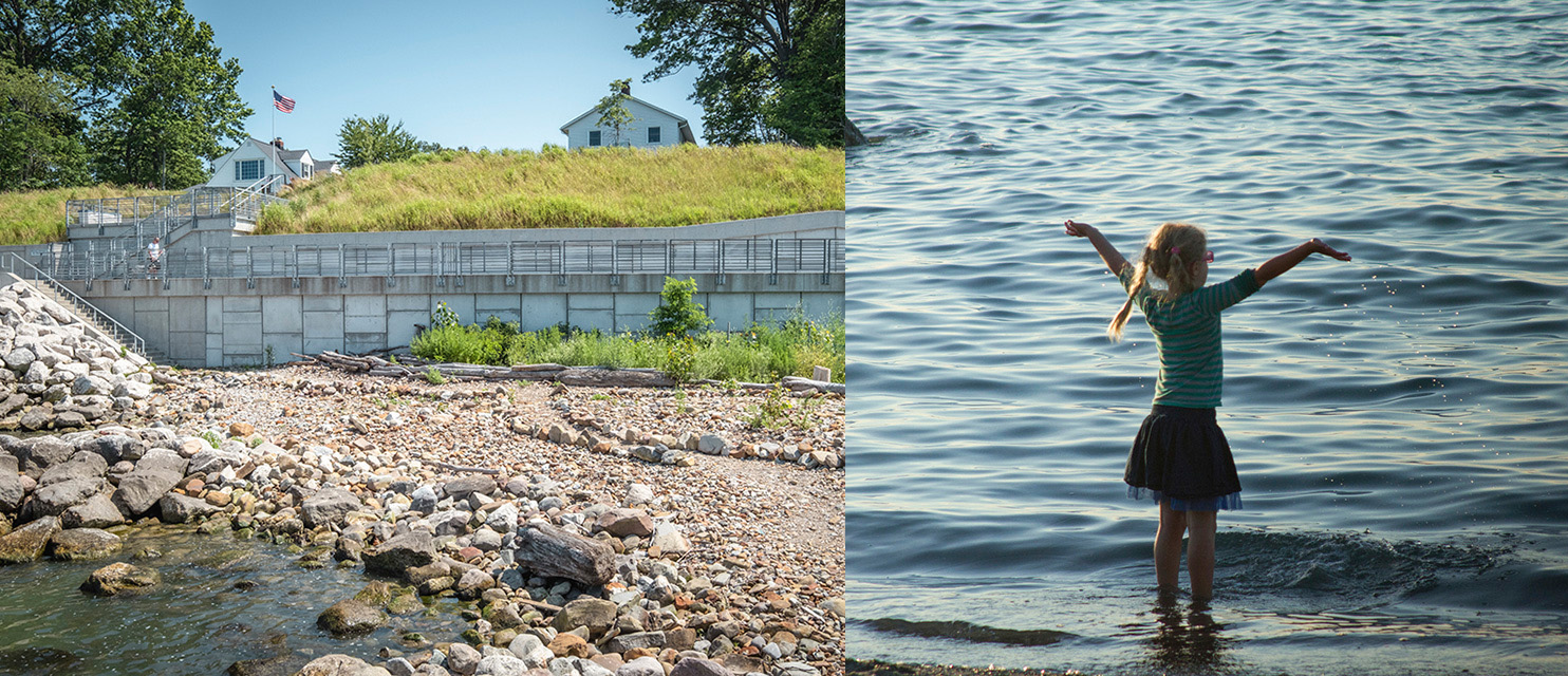 Side-by-side photos showing a pathway created on a new cobble beach and a happy young girl standing in the lake with her arms raised wide.