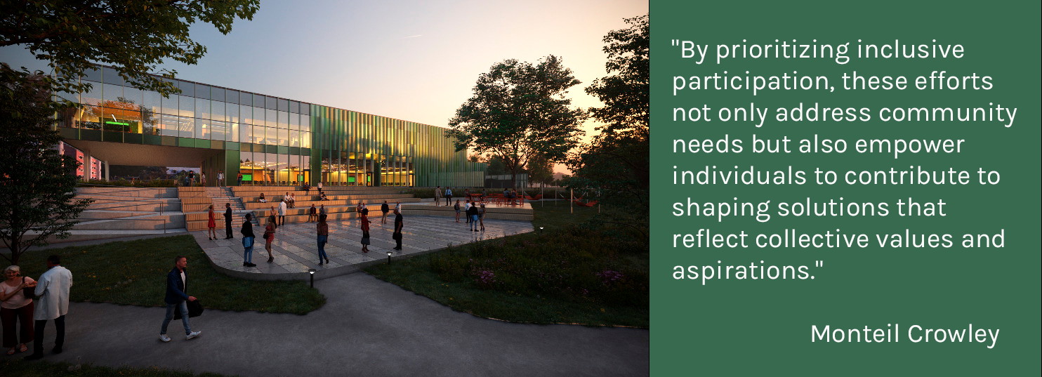 Exterior rendering of design for the Multicultural Center at Michigan State University with part of quote by Monteil Crawley