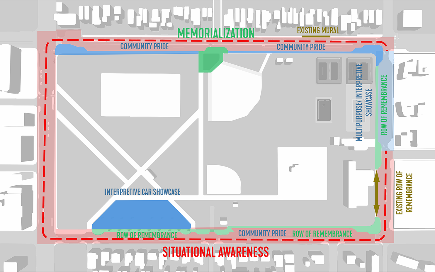 Planview diagrammatic map of park showing areas of proposed memorialization and cultural and historic interpretation