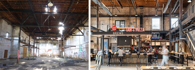Before and after interior photos of Garver Feed Mill redevelopment, Madison, WI