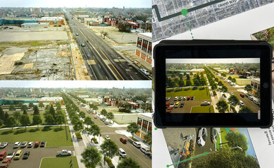 Before photo with rendering of the Brickline Greenway's North Connector