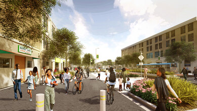 Rendering of a commercial district section of the Brickline Greenway's North Connector