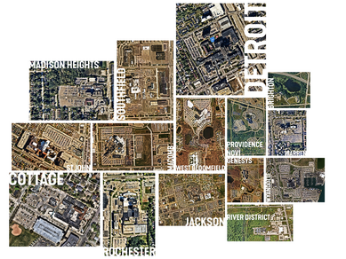 Aerial photo collage showing Henry Ford Health's 15 hospital campuses