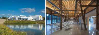 Exterior and interior photos of the Davey Tree SEED Campus in Kent, Ohio
