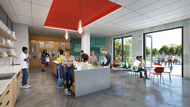 Interior rendering of teaching kitchen at Racine’s Dr. Martin Luther King Jr. Community Center and Health Center