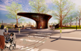 Street-level rendering showing traffic calming and pedestrian improvements leading to the park's amphitheater