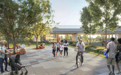 Rendering of new public open space as part of Joe Louis Greenway