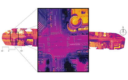 Combined full-length and call-out detail images of aerial thermal analysis of a streetscape in Ann Arbor, MI